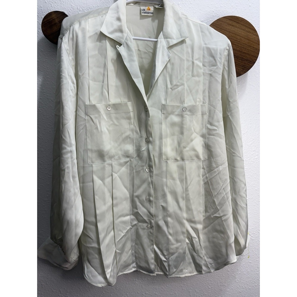Vintage 90s Liz Claiborne Pleated Ivory Blouse Size 8 Minimalist Office